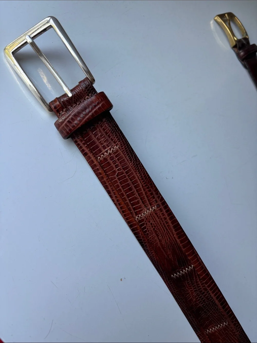 Brown Lizard Embossed Leather Men's Belt with Silver Buckle